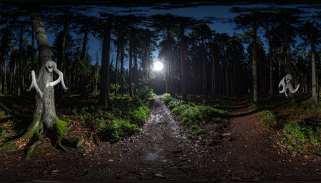 Zombie walking in the forest at night. Halloween concept. 3D Renderingの素材