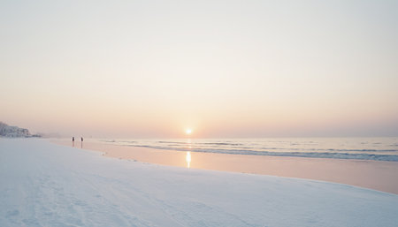 Beautiful winter landscape with snow on the beach at sunset or sunriseの素材
