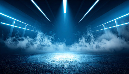 Dark street, wet asphalt, reflections of rays in the water. Abstract dark blue background, smoke, smog. Empty dark scene, neon light, spotlights. Concrete floorの素材