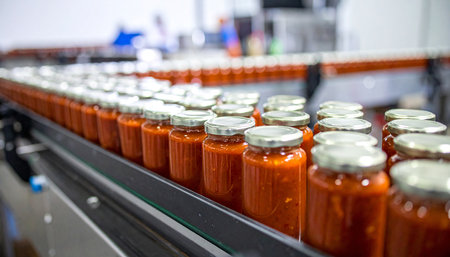Tomato sauce in glass bottles on the conveyor belt in the factoryの素材