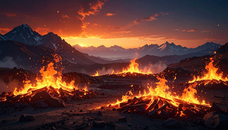 Volcanic eruption in the mountains at sunset. 3d renderingの素材