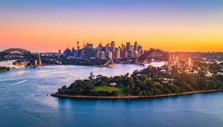Sydney city skyline at sunset, Australia. Skyline of Sydney, Australia.の素材