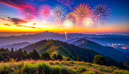 Colorful fireworks over the mountains at sunset. Beautiful summer landscape.の素材