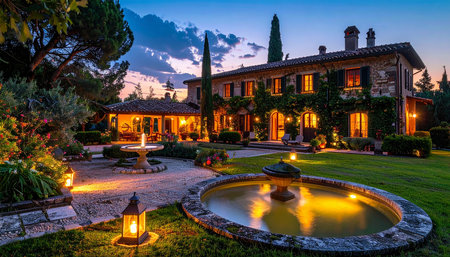 Luxury villa in the garden at dusk. Tuscany, Italyの素材
