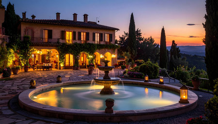Sunset in Tuscany with fountain and villa, Italyの素材