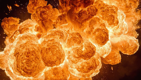 Fiery explosion close-up on a black background. The concept of the danger of the explosion.の素材