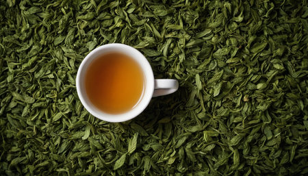 Cup of green tea on green tea leaves background, top viewの素材