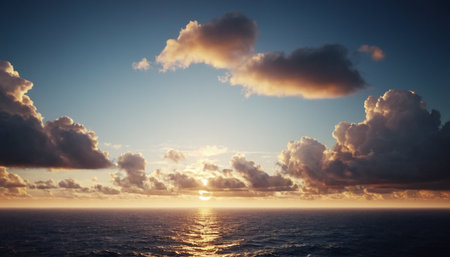 Beautiful sunset over the ocean. Dramatic sky, glowing clouds and sea surface.の素材