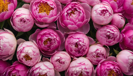 Pink peony flowers background. Top view of pink peony flowers.の素材