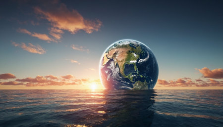 Conceptual image of planet earth floating in the ocean at sunsetの素材