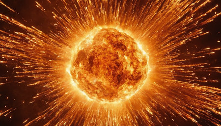 Fiery explosion of sun. Abstract background. 3D illustration.の素材