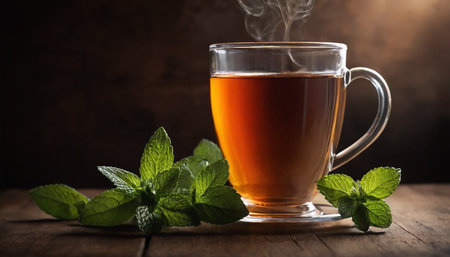 Cup of tea with mint leaves on wooden background, copy spaceの素材