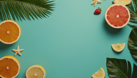 Summer background with tropical fruits and palm leaves. Flat lay, top viewの素材