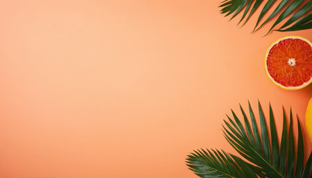 Summer background with tropical palm leaves, grapefruit and orange on orange backgroundの素材