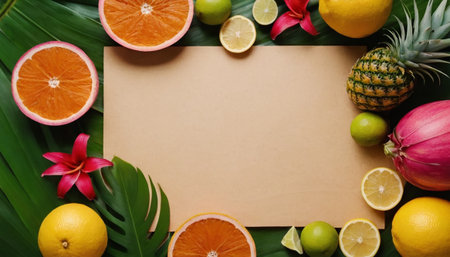 top view of blank paper and tropical fruits on green background with copy spaceの素材
