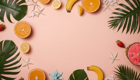 Creative layout made of tropical fruits on pink background. Flat lay, top view, copy spaceの素材