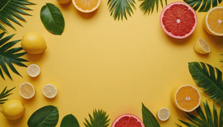 Creative layout made of citrus fruits on yellow background. Flat lay, top view, copy spaceの素材