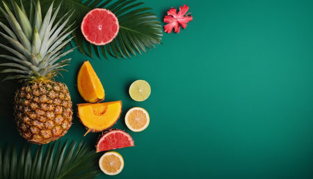 Tropical fruits on green background, flat lay. Space for textの素材