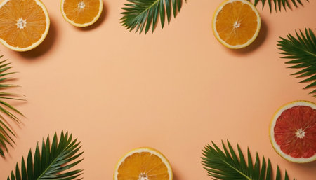 Creative layout made of tropical palm leaves, oranges and grapefruits on orange background. Flat lay, top view, copy spaceの素材