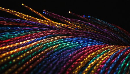 Colorful strands of cable on a black background, close-upの素材