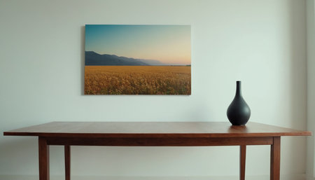 Empty wooden table in modern living room interior with picture on wall.の素材