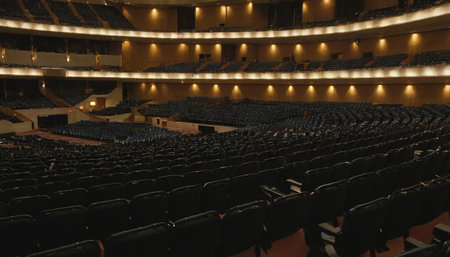 Interior of the auditorium with seats and lighting in the eveningの素材
