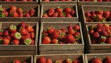 Strawberries in wooden boxes at farmers market, closeup.の素材