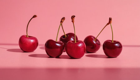 Red cherries on a pink background. Concept of healthy eating.の素材