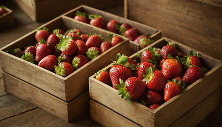 Strawberries in wooden boxes on rustic wooden table, top viewの素材