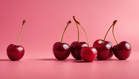 Cherries on a pink background. Red cherry on a pink background.の素材