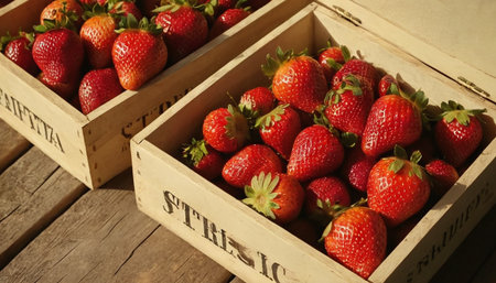 Strawberries in wooden boxes on a rustic wooden table.の素材
