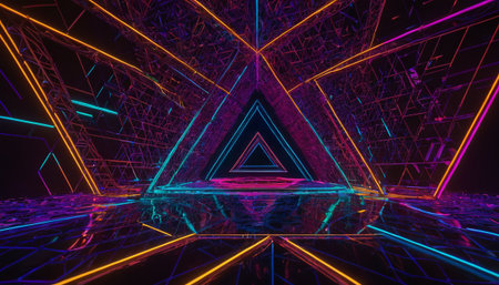 3d render, abstract background with neon lights, tunnel, triangleの素材