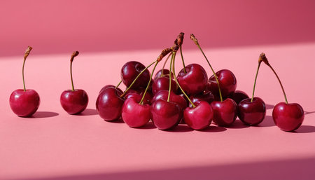 Red cherries on a pink background. The concept of healthy eating.の素材