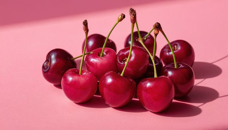 Ripe cherries on a pink background. The concept of healthy eating.の素材