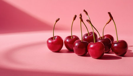 Red cherries on a pink background. The concept of healthy eating.の素材