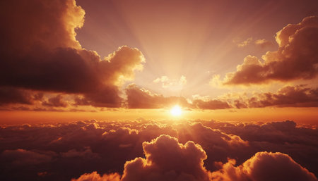 Beautiful aerial view above clouds at sunset. 3d render illustrationの素材