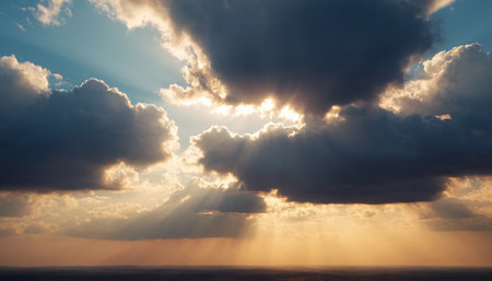 Sunset over the sea with dramatic clouds and rays of light.の素材