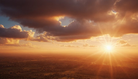 Aerial view of beautiful sunset over the city. Panorama.の素材