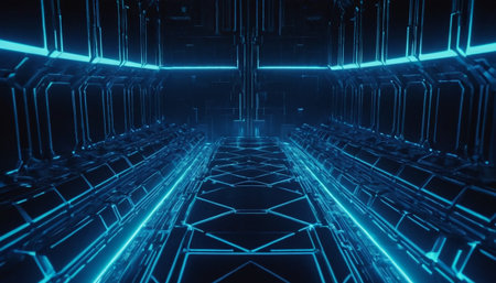 3D illustration background of futuristic scifi tunnel corridor with glowing neon lightsの素材