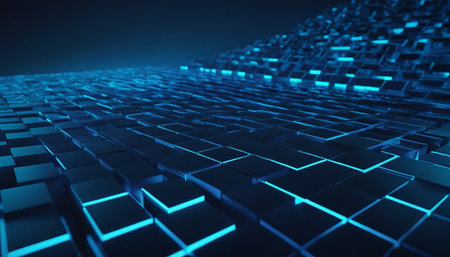 Abstract technology background with blue glowing cubes. 3D Rendering.の素材