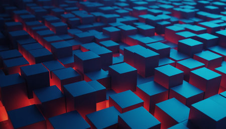 Abstract 3d rendering of chaotic geometric shapes. Creative background with blue and red glowing cubesの素材