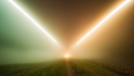 Foggy road in the field at night. 3D renderingの素材