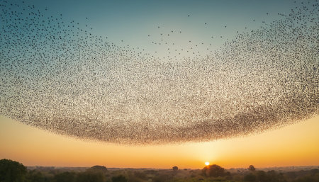 A flock of starlings at sunset. A flock of starlings is flying in the sky.の素材