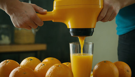 Man squeezes orange juice into a glass with a juicer.の素材