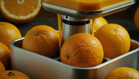 Orange juice machine and ripe oranges on wooden table, closeup viewの素材