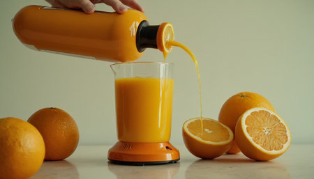 Orange juice being squeezed from a juicer into a glass with orangesの素材