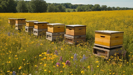Beehives in a field of blooming wildflowers.の素材