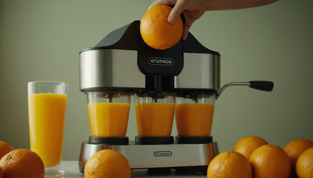 Orange juice in a juicer and a glass of orange juice.の素材