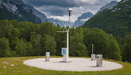 Wind power station in the middle of the forest with mountains in the backgroundの素材