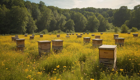 Beehives in a meadow of yellow flowers in summertimeの素材